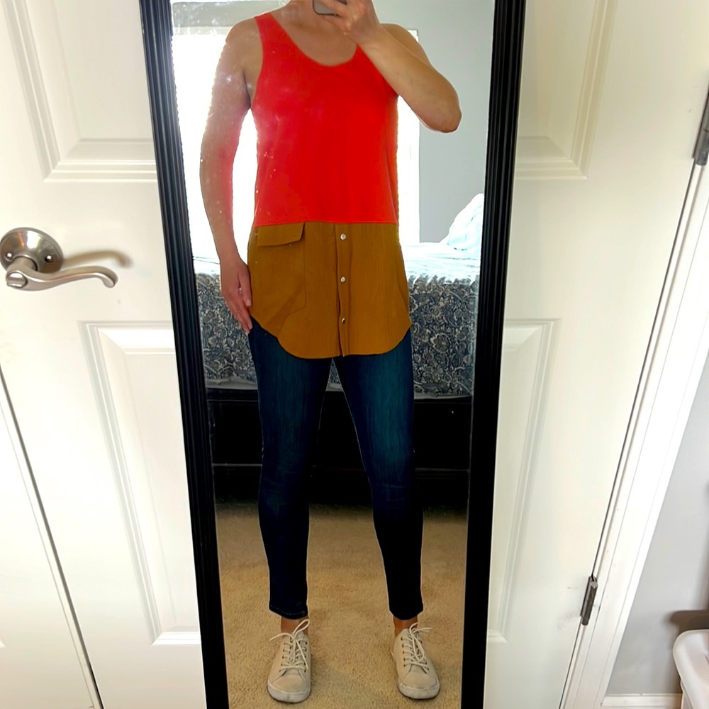 Color Blocking Tank. Dutch Designer. Pink & Tan with Buttons & Pocket. Size S.
